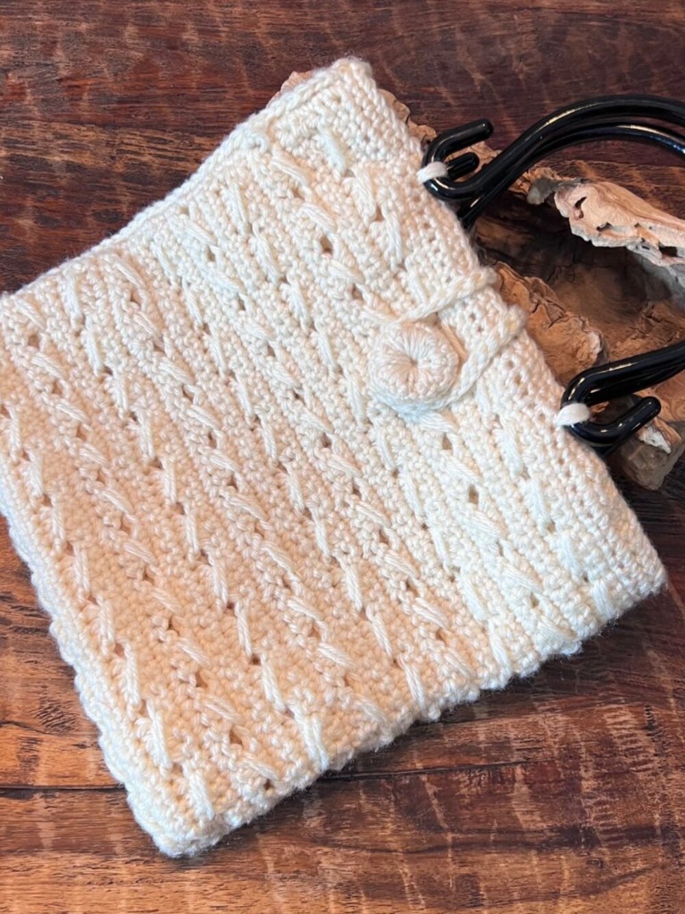 Handmade Vintage Crochet Handbag With Black Plastic Handles & Button Closure
